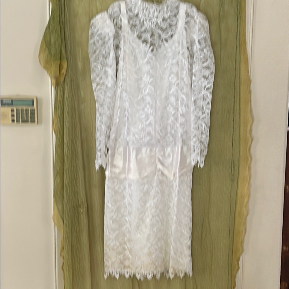 White lace drop waist dress with long sleeves.